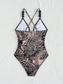 Bonvoyette Women's Sexy Leopard & Zebra Print Beaded Criss-Cross Backless One-Piece Swimsuit, Beach & Resort Vacation Style - Multicolor - View 3