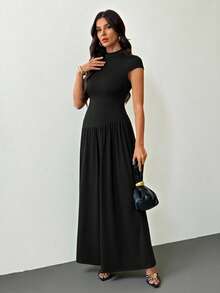 SHEIN Tall Women's Solid Color Stand Collar Puffed Sleeve Pleated Long Casual Dress, Summer Brown Dress,Dresses For Women Summer, Tall Women - Black - View 1