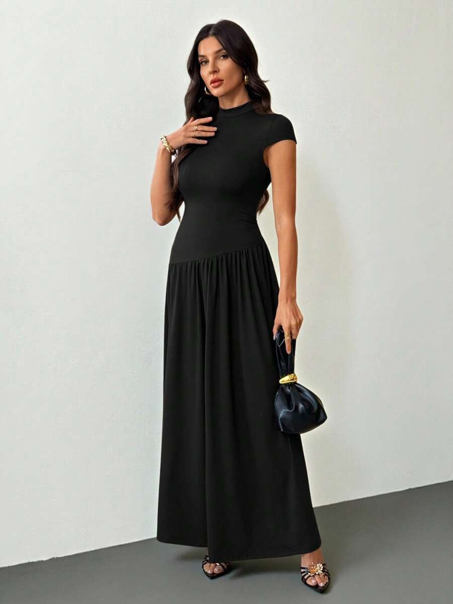 SHEIN Tall Women's Solid Color Stand Collar Puffed Sleeve Pleated Long Casual Dress, Summer Brown Dress,Dresses For Women Summer, Tall Women - Black - View 1