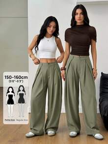 SHEIN PETITE Quần dài nữ mùa hè kiểu vintage năng động, phong cách đường phố, dáng rộng, màu xanh quân đội, ống loe, gấu quần cong. - Màu xanh Bạc hà - Xem 9