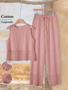 Rusticease Plus Size Women's Casual Vacation Pink Lace Patchwork Sleeveless Top And Pants 2 Piece Set, Summer Vacation - Pink - View 7
