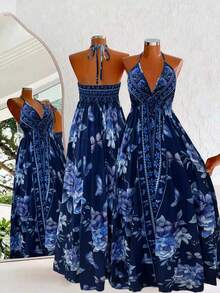 Flirla Bohemian Style Printed Beach Slip Dress - Navy Blue - View 1
