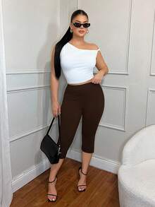 SHEIN SXY 深棕色 97% 棉质开衩七分裤，适合夏季穿着 - 彩色 - 查看 8