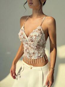 Aloruh Women's Floral Decor Sequin Design Fashion Camisole Top,Summer Top - Apricot - View 4