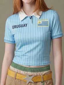 Elnivra 2026 Football World Cup Uruguay Soccer Jersey Style Women's Cropped T-Shirt, Retro Striped Sky Blue Football Fan Top, Team Uruguay Supporter, In USA–Canada–Mexico - Baby Blue - View 4