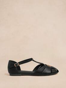 Rosivie Giày nữ kiểu Pháp cổ điển quai chữ T, sandal bít mũi, giày La Mã khóa kim loại Camellia, giày đế mềm rỗng kiểu lồng heo, sandal đế bằng màu đen đa năng cho mùa hè. - Đen - Xem 11