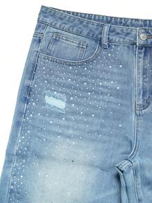 Manfinity EMRG Herrjeans med raka, vida ben och slitna detaljer i tvättad strass för gatumode - Ljustvätt - Visa 6