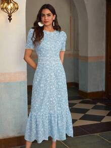 ZEYLAH Short Sleeve Vacation Embroidered Long Dress - Blue - View 4