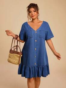Travachic Plus Size Women's Denim Dress With Button, Dual Pockets And Ruffle Hem Dresses For Women Summer - Medium Wash - View 6