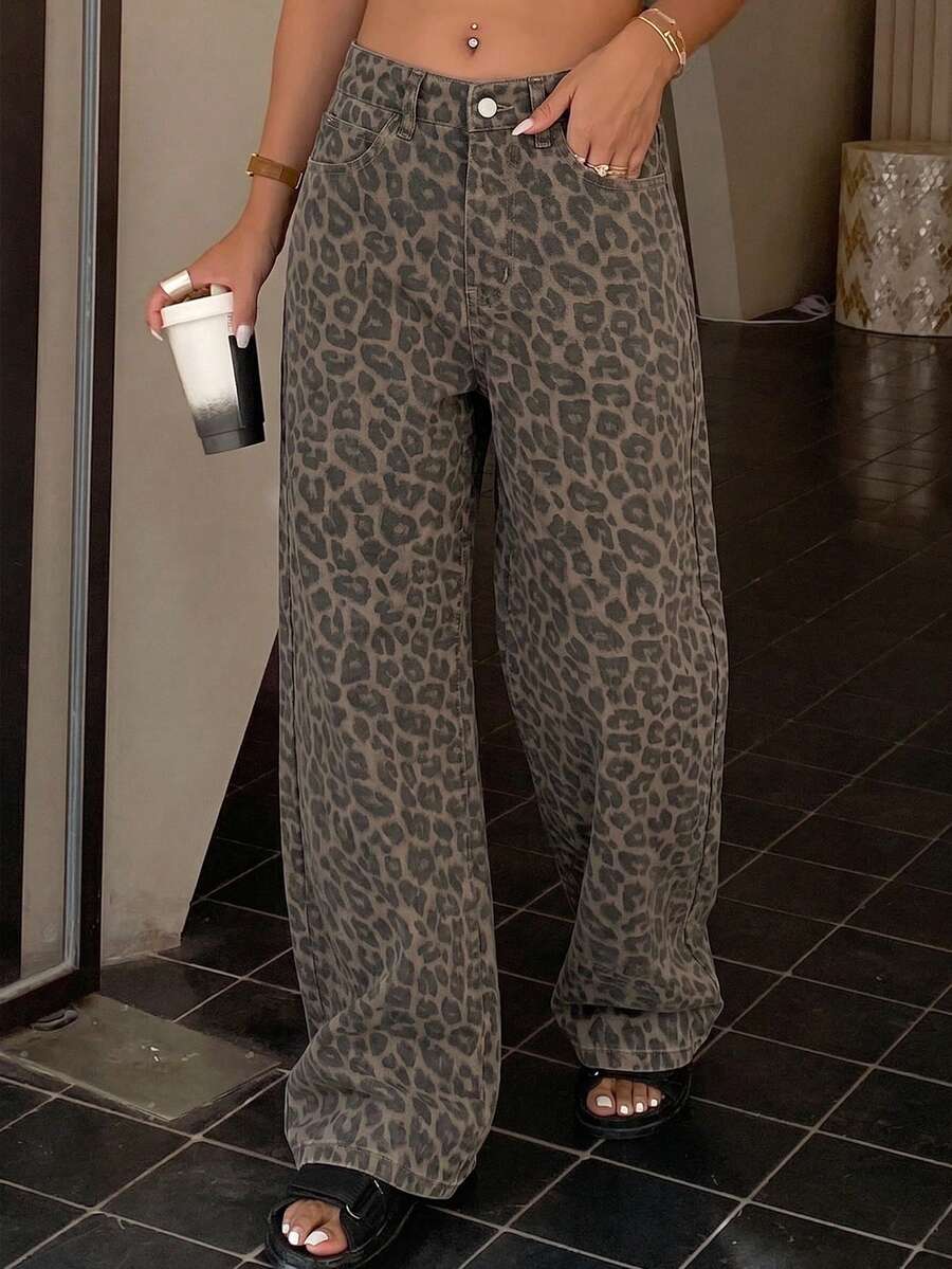 DAZY Women's Leopard Print Loose Pocket Casual Versatile Denim Jeans Y2k - Brown - View 1