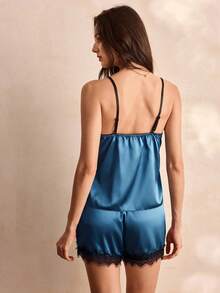 Charlaine Lace Trim Satin Cami Top & Shorts PJ Set - Navy Blue - View 3