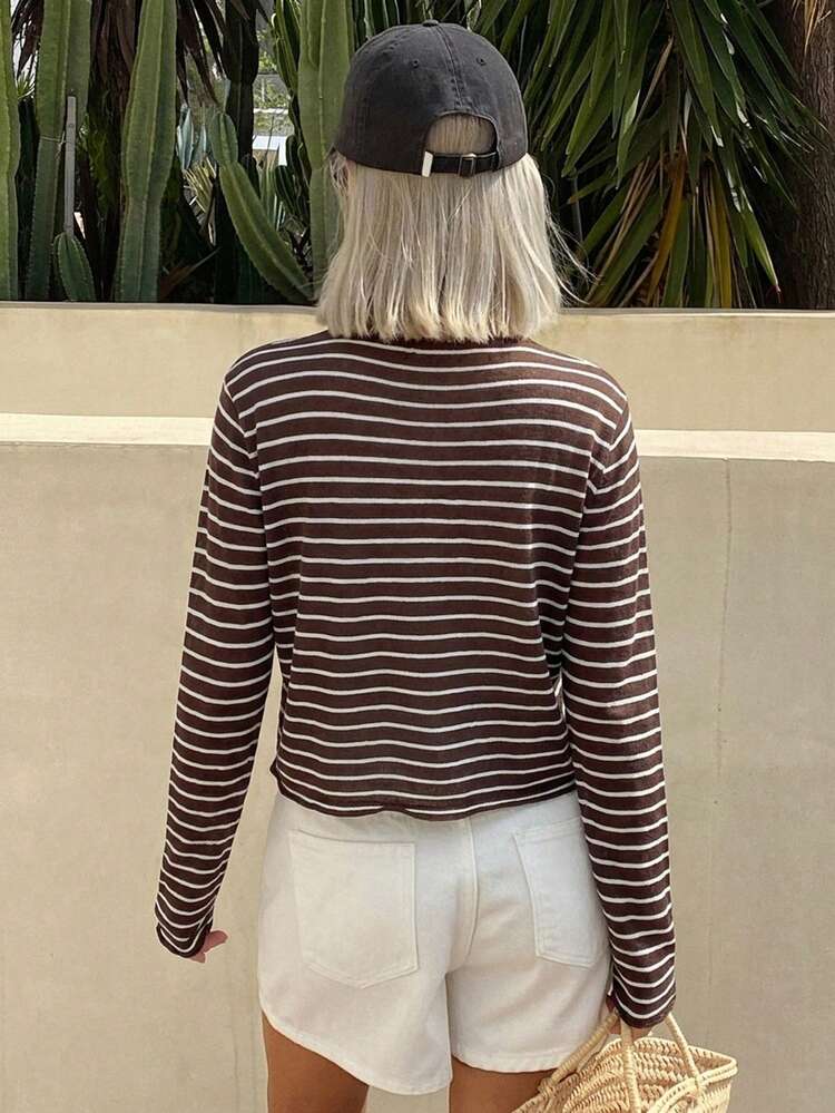 Women's Striped Crew Neck Long Sleeve Knit Top, Summer Vacation Outfit