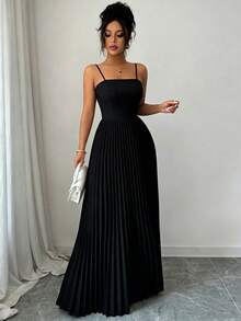 Elenzga 女士时尚派对纯色褶皱吊带连衣裙 - 黑色 - 查看 4