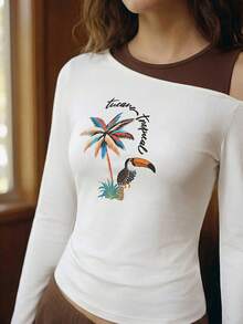 CAJUNI Women's Letter & Palm Tree Print Asymmetric Collar Long Sleeve T-Shirt - White - View 3
