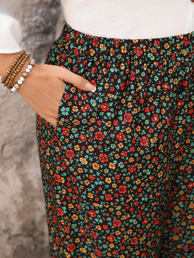Plus Size Women Ditsy Floral Loose Casual Pants Summer Outfit For Festival Outfits Beach Vacation Holiday Country Concert