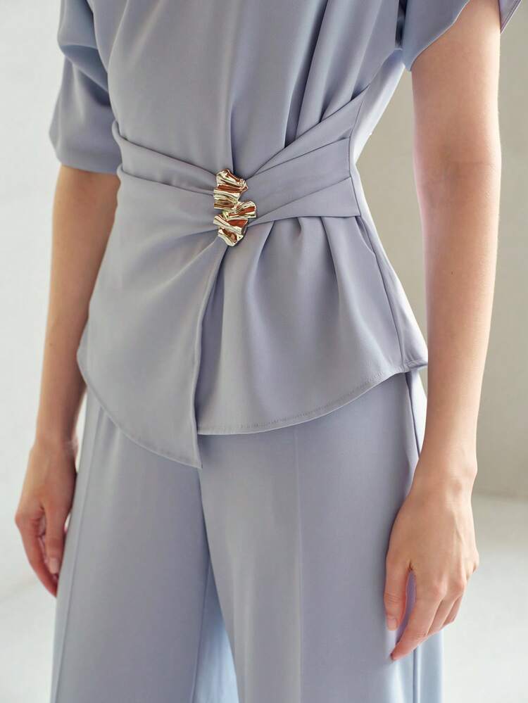 WOMEN'S ELEGANT RUCHED ASYMMETRIC NECK TOP & PANTS 2 PIECES SET