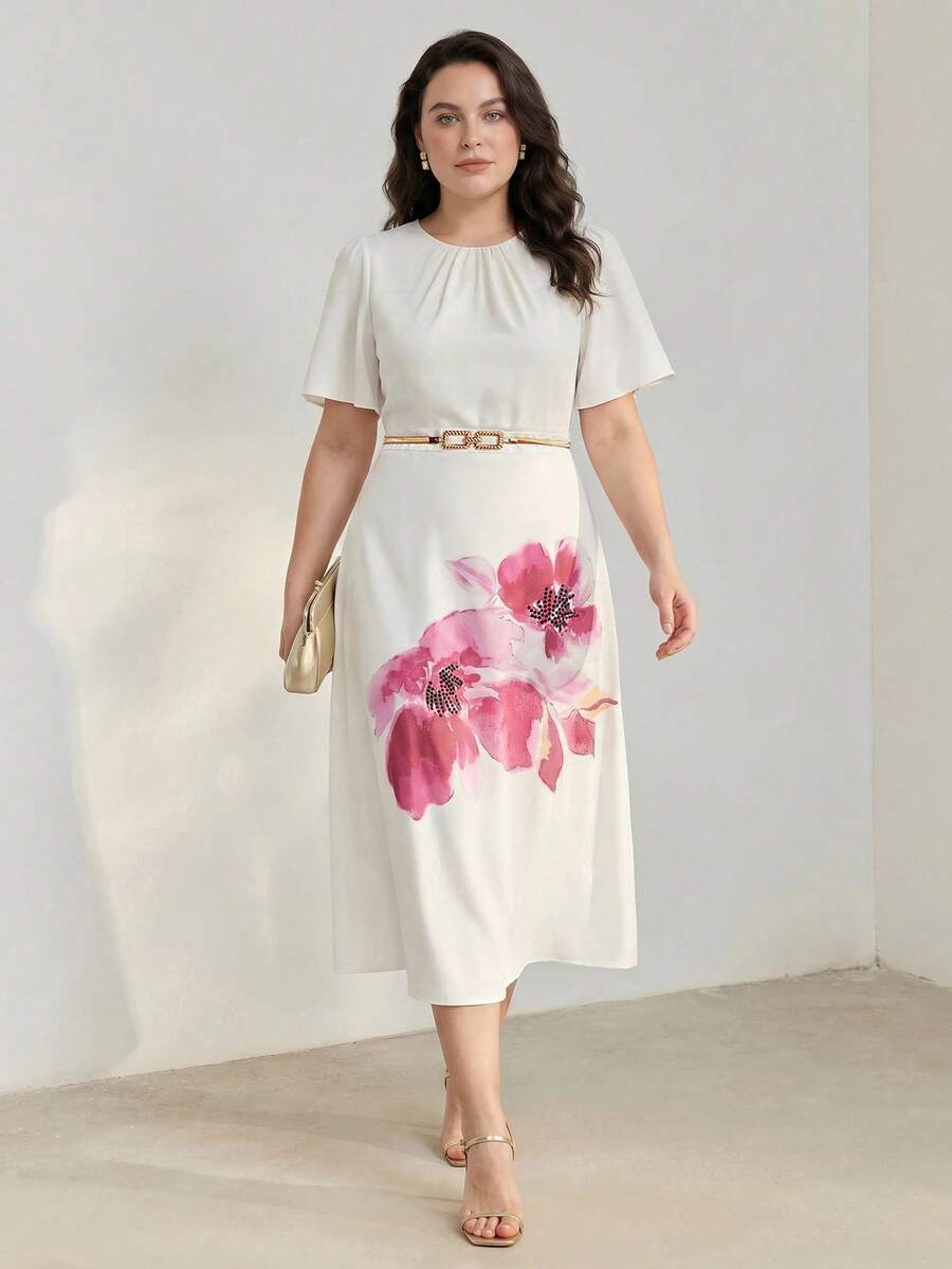 MOTF PREMIUM WOMEN'S PLUS FLORAL PRINT ROUND NECK WAIST FLARE SHORT SLEEVE DRESS, SPRING/SUMMER - White - View 2