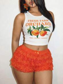 Slaydiva Summer Cute Orange And White Boho Fruit Letter Print Tank Top & Multi-Layered Lace Ruffled Mini Shorts Two Pieces Set,Beach Holiday Vacation Outfits - Orange - View 4