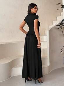 SHEIN Tall Women's Solid Color Stand Collar Puffed Sleeve Pleated Long Casual Dress, Summer Brown Dress,Dresses For Women Summer, Tall Women - Black - View 2