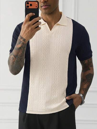 Manfinity CasualCool Áo polo nam phối chất liệu tương phản, cổ bẻ, thích hợp cho các buổi đi chơi và mặc đi làm.