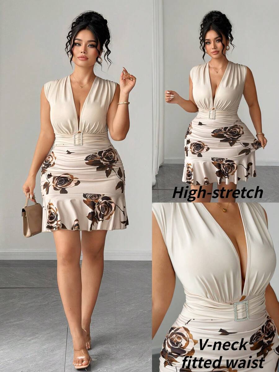 Elenzga Gaun Mini Bodycon Tanpa Lengan Motif Mawar Rajut Satin dengan Dekorasi Gesper Berlian Elegan untuk Wanita Ukuran Plus, Musim Semi/Panas - Aprikot - View 1