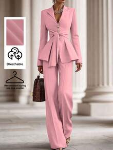 SHEIN 女士时尚百搭系带纽扣西装外套和休闲西装裤套装 - 粉色 - 查看 1