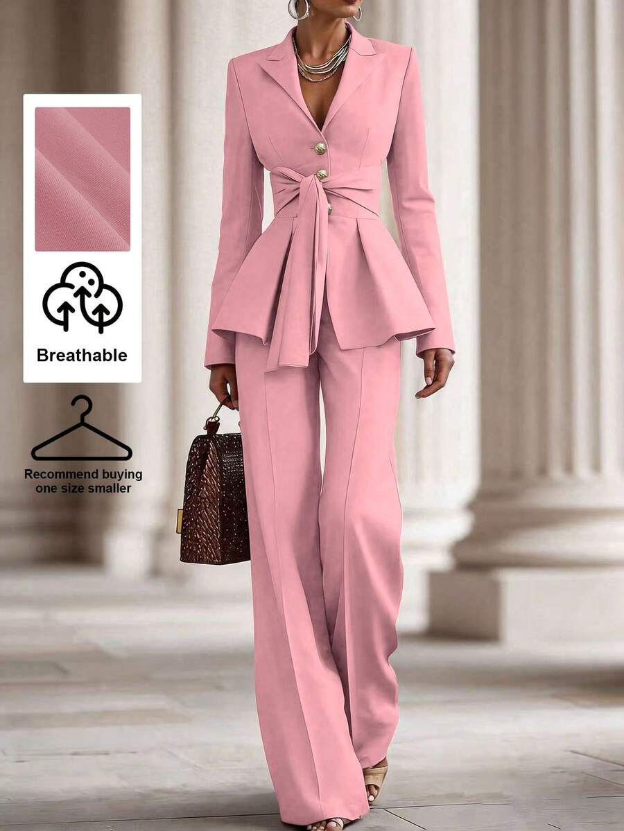 SHEIN 女士时尚百搭系带纽扣西装外套和休闲西装裤套装 - 粉色 - 查看 1