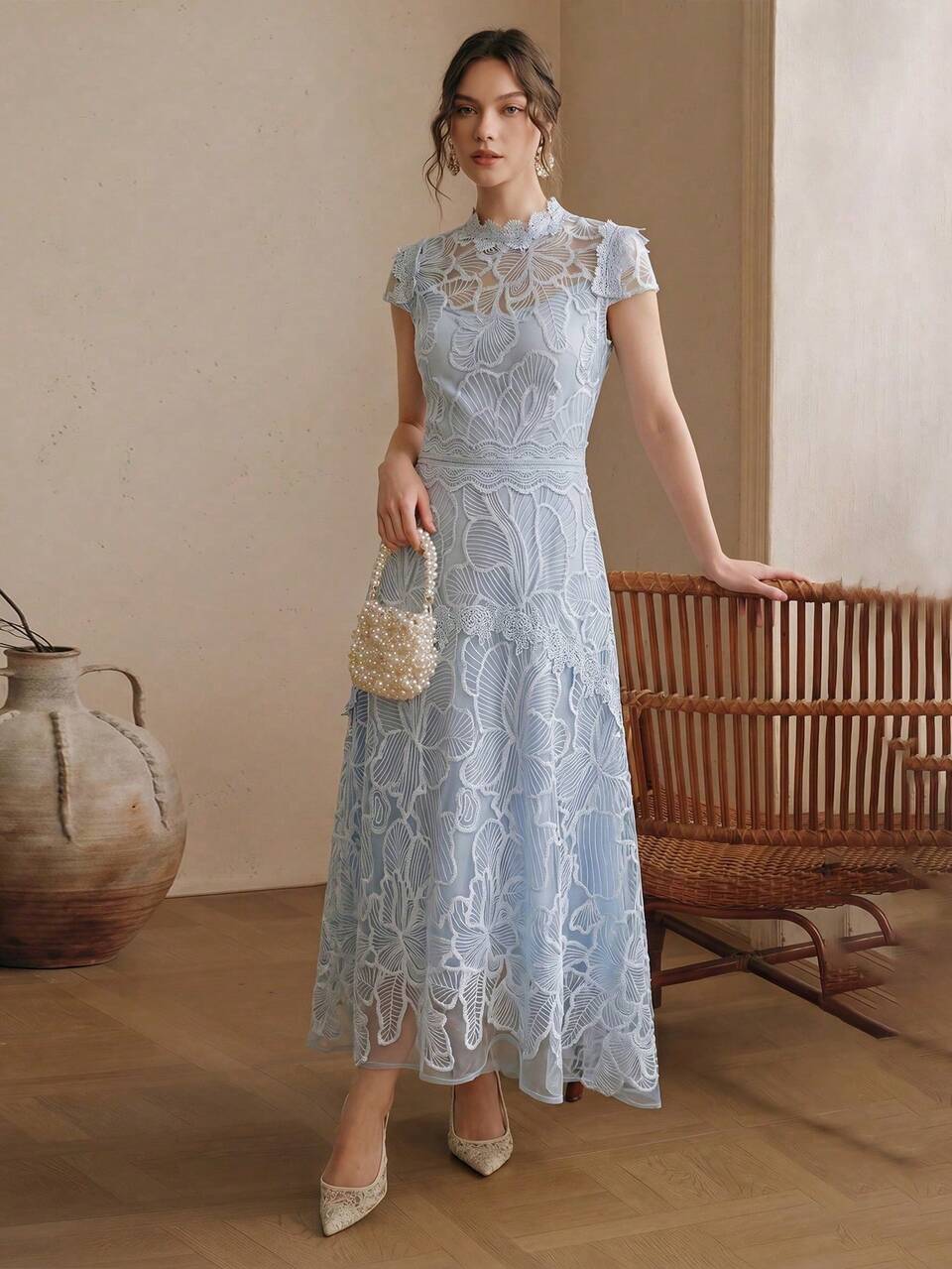 Women's Elegant Lace Embroidery Patchwork Dress, Suitable For Dates And Formal Occasions
