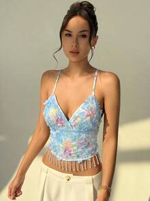 Aloruh Women's Spaghetti Strap V-Neck Fashionable Summer Tassel Decorated Cropped Top,Summer Top - Blue - View 7