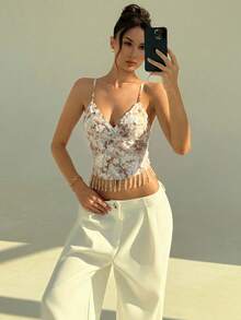 Aloruh Women's Floral Decor Sequin Design Fashion Camisole Top,Summer Top - Apricot - View 5