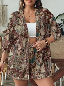 SHEIN VCAY Casual Retro Paisley Retro Pattern Loose Plus Size 2 Pieces Set, Suitable For Summer Beach Bussines Vacation Vacation Beige - Multicolor - View 5