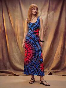 Fembélia Women's Tie-Dye Print Large Scoop Neck Sleeveless Long Summer Dress - Multicolor - View 5