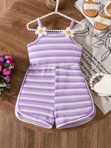 SHEIN Elladie kids 女童夏季新款简约橙白条纹拼接连体裤，花卉装饰休闲运动风连体衣 - 紫色 - 查看 3
