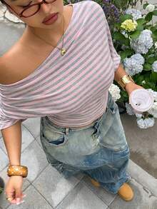 Muchica Áo thun casual size lớn sọc hồng vai bất đối xứng - Hồng - Xem 6
