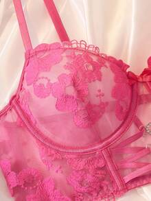 Myrelith 2pcs Set: Mesh Inlay Fuchsia 3D Floral Embroidery Design + Sweet & Cool Interwoven Triangle Panties, Fashionable Lingerie Set - Hot Pink - View 5