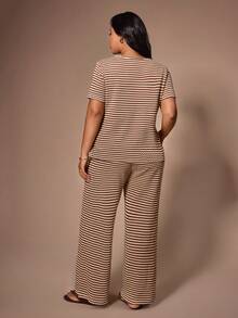 Lazeform Women's Casual Textured Striped Jacquard Round Neck Cardigan Short Sleeve Pants Pajama Set, Plus Size Lounge Brown Summer - Coffee Brown - View 2
