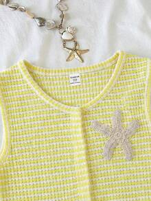 SHEIN Bộ đồ hai mảnh cho bé gái tuổi teen: áo croptop không tay và quần short rộng, kẻ sọc nâu trắng, thích hợp cho kỳ nghỉ xuân/hè. - Màu vàng - Xem 5