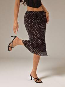 SHEIN PETITE Chân váy nữ chấm bi lưới màu nâu cà phê - Cà phê nâu - Xem 6