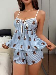 Softscene Women's Cute Casual Striped Bear Print Contrast Color Camisole Tie-Up Ruched Top And Shorts Pajama Set - Multicolor - View 5