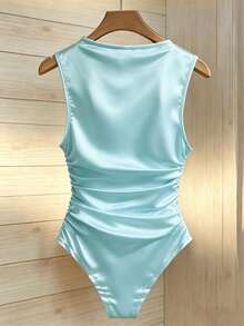 SHEIN LUNE Asymmetrical Neckline Metal Buckle Decor, Ruched Waist Fitted Bodysuit - Blue - View 2