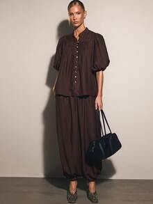 COSMINA Ensemble élégant 2 pièces pour femmes avec manches pétales plissées et coupe ample, polyvalent pour le printemps, l'été, l'automne, l'hiver, les trajets, le bureau, les sorties, les voyages de printemps, les vacances à la plage, la saison des mariages, invitée de mariage - Tabac - Voir 7
