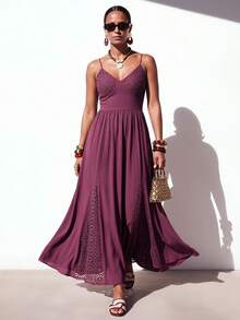 Zivah 2026 Spring/Summer New Dark Purple Lace Patchwork A-Line Long Dress,Boho Summer Holiday Vacation,Suitable For Music Festivals,Beach & Wedding Guest - Purple - View 4
