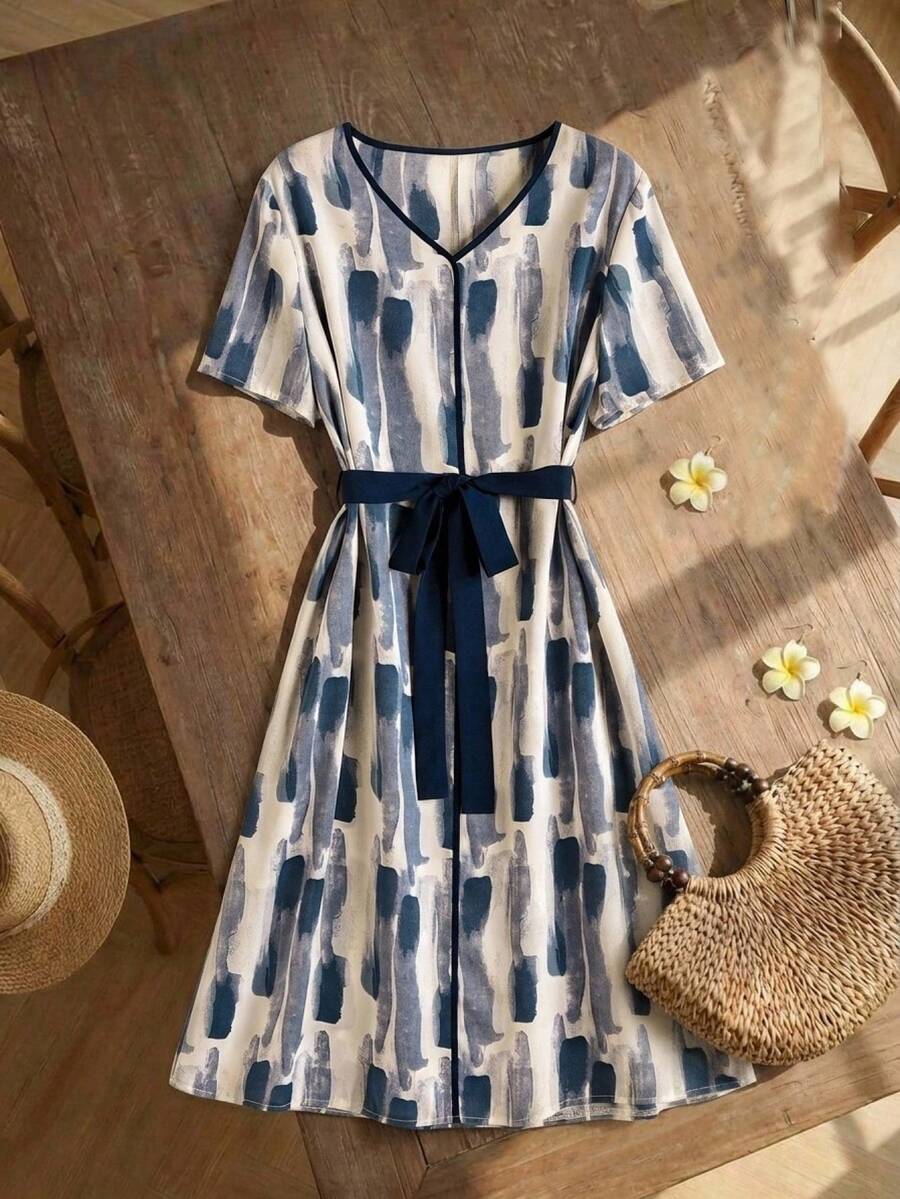 Rusticease Middle-Aged & Elderly Women's Fashion Versatile V-Neck Printed Tie-Waist Dress, Suitable For Vacation - Multicolor - View 1