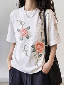 GlowEve Camiseta casual de mujer de cuello redondo de manga corta con bordado floral 3D y perlas, elegante y romántica para el verano - Blanco - Ver 3