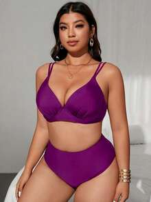 Swim Lushoire بيكيني بخصر عالي ذو كأس صلب مجمع للمرأة ذات الحجم الكبير، بألوان صلبة جديدة، قابل للتعديل، أنيق وعصري، ملابس سباحة كاجوال للشاطئ والمنتجعات - الأرجواني - مشاهدة 3