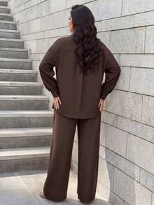 SHEIN Lady CURVE Western Style Beach Vacation Solid Color Denim Effect Linen Loose Casual Plus Size Women 2 Pieces Set, Spring/Autumn Lounge Sets For Women - Coffee Brown - View 7