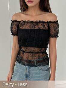 DAZY Women's Pastal Mesh Off-Shoulder Top Summer Golf Sexy Going Out Tops - Black - View 1