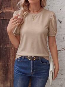EMERY ROSE Women's Casual Basic Retro Khaki Round Neck Raglan Puff Sleeve T-Shirt - Khaki - View 3