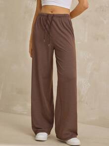 SHEIN Tall Women's Brown Striped Summer Casual Drawstring Pajama Pants,Lounge Bottoms,Chic Striped Elegant Pajama Pants For Party Work,Beach,Commute, Tall Women - Brown - View 4