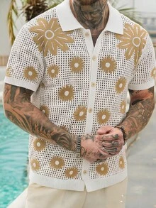 VENTUSAIL Men's Floral Pattern Short Sleeve Single-Breasted Hollow-Out Knit Top, Holiday - Apricot - View 3
